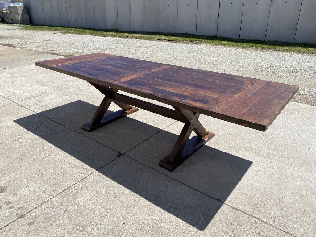 Reclaimed Wood Harvest Table with Wooden  X-legs and Trestle