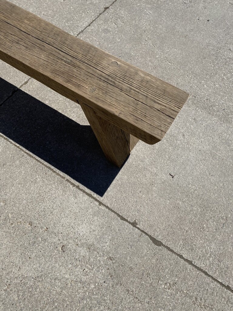 Custom Reclaimed Wood Bench Crafted from Oak Salvaged from a Derelict Building Near Collingwood, Ontario