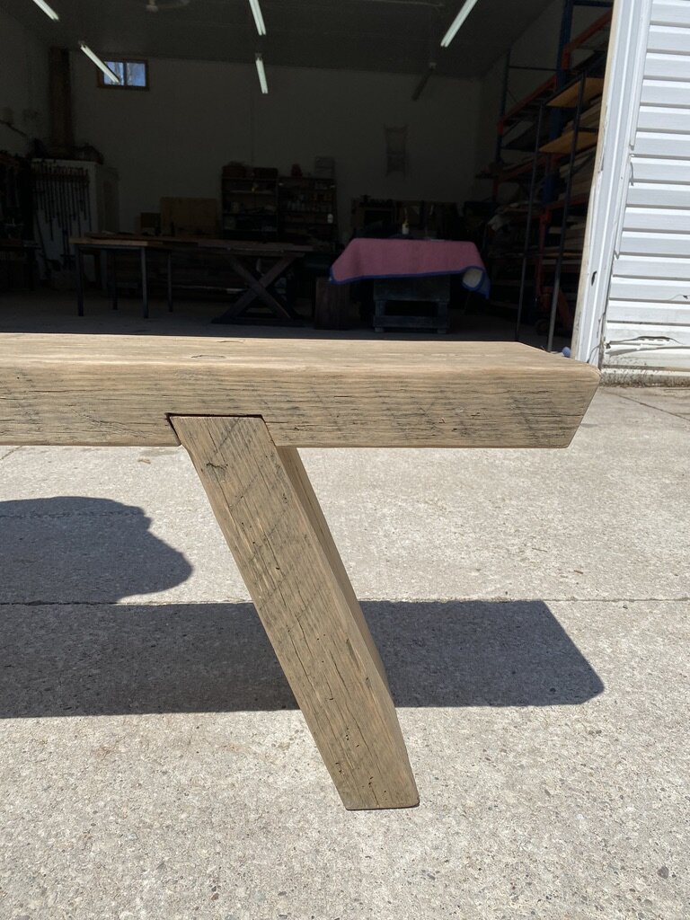 Custom Reclaimed Wood Bench Crafted from Oak Salvaged from a Derelict Building Near Collingwood, Ontario