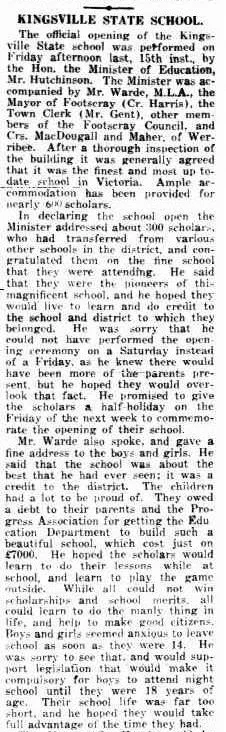 Newspaper article about the opening of the school, 'The independent, 23/08/1919