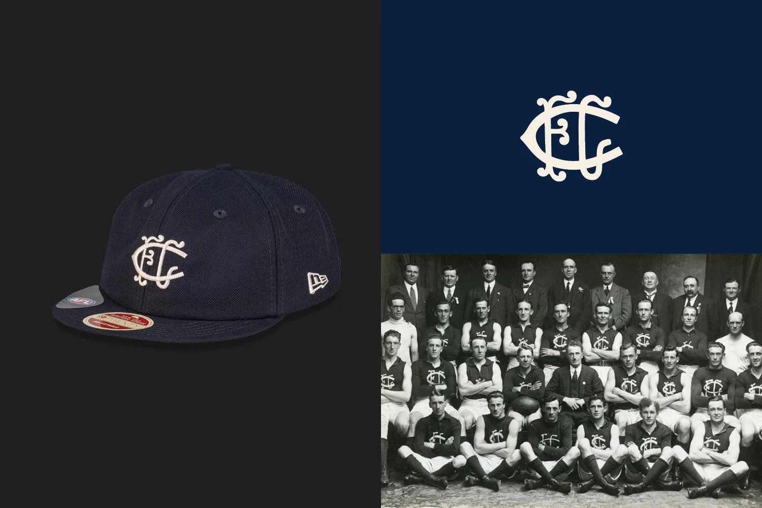 Chad Mann Projects brand agency, New Era x AFL 100 year cap collection, vintage Carlton Blues monogram 1920
