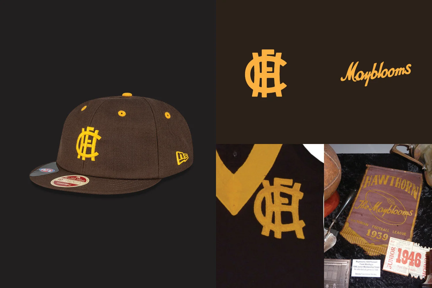 Chad Mann Projects brand agency, New Era x AFL 100 year cap collection, vintage Hawthorn Mayblooms Hawks