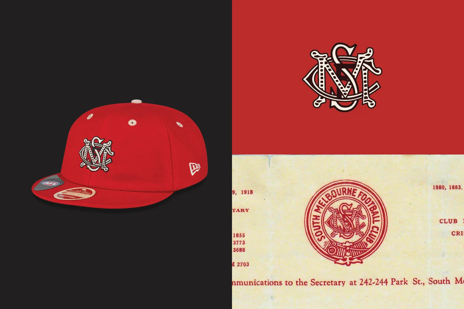 Chad Mann Projects brand agency, New Era x AFL 100 year cap collection, vintage South Melbourne Swans, Sydney Swans