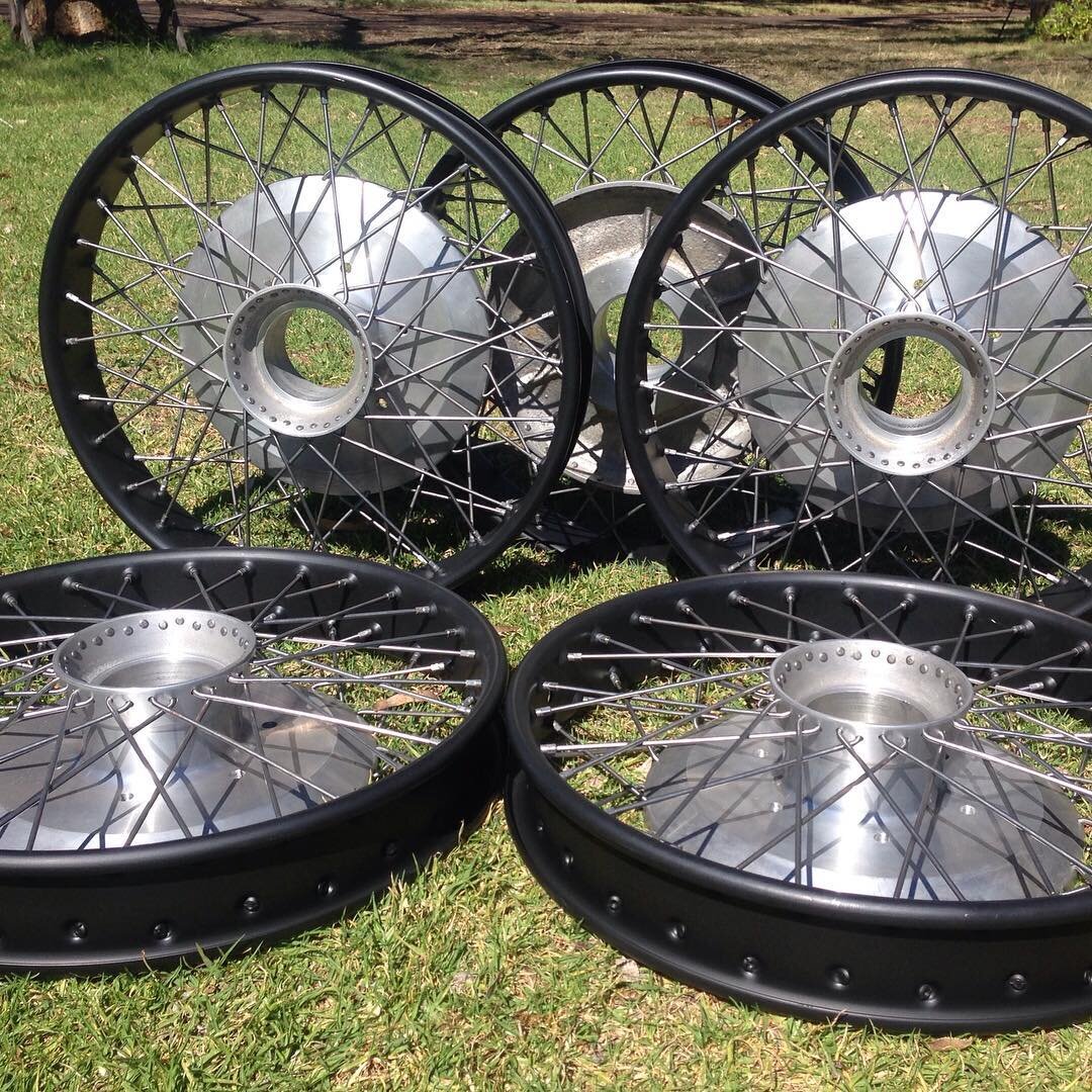 I'm extremely proud of these 5 veteran Sunbeam wheels . New centres were cast , machined , drilled and heat treated , then given to me to make new beaded edge rims dimpled &amp; drilled to suit.
Spokes were sourced in the UK .
I was then able to lace