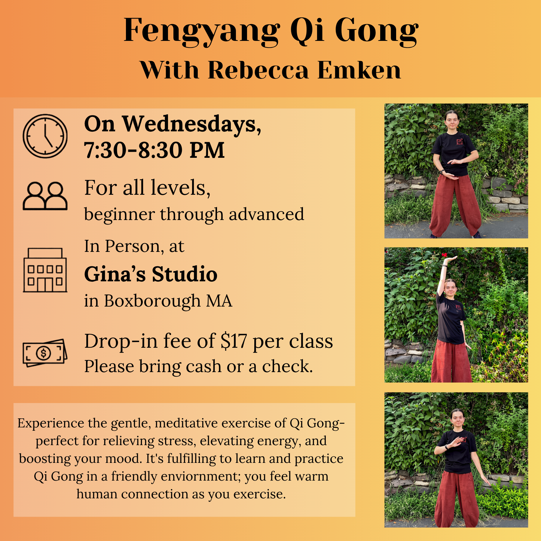 Starting in October- Evening Wednesday Qi Gong Classes! In Boxborough MA