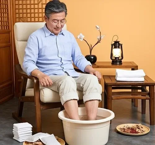 Traditional Chinese foot soaking therapy demonstrated by an elderly man to support circulation and vitality