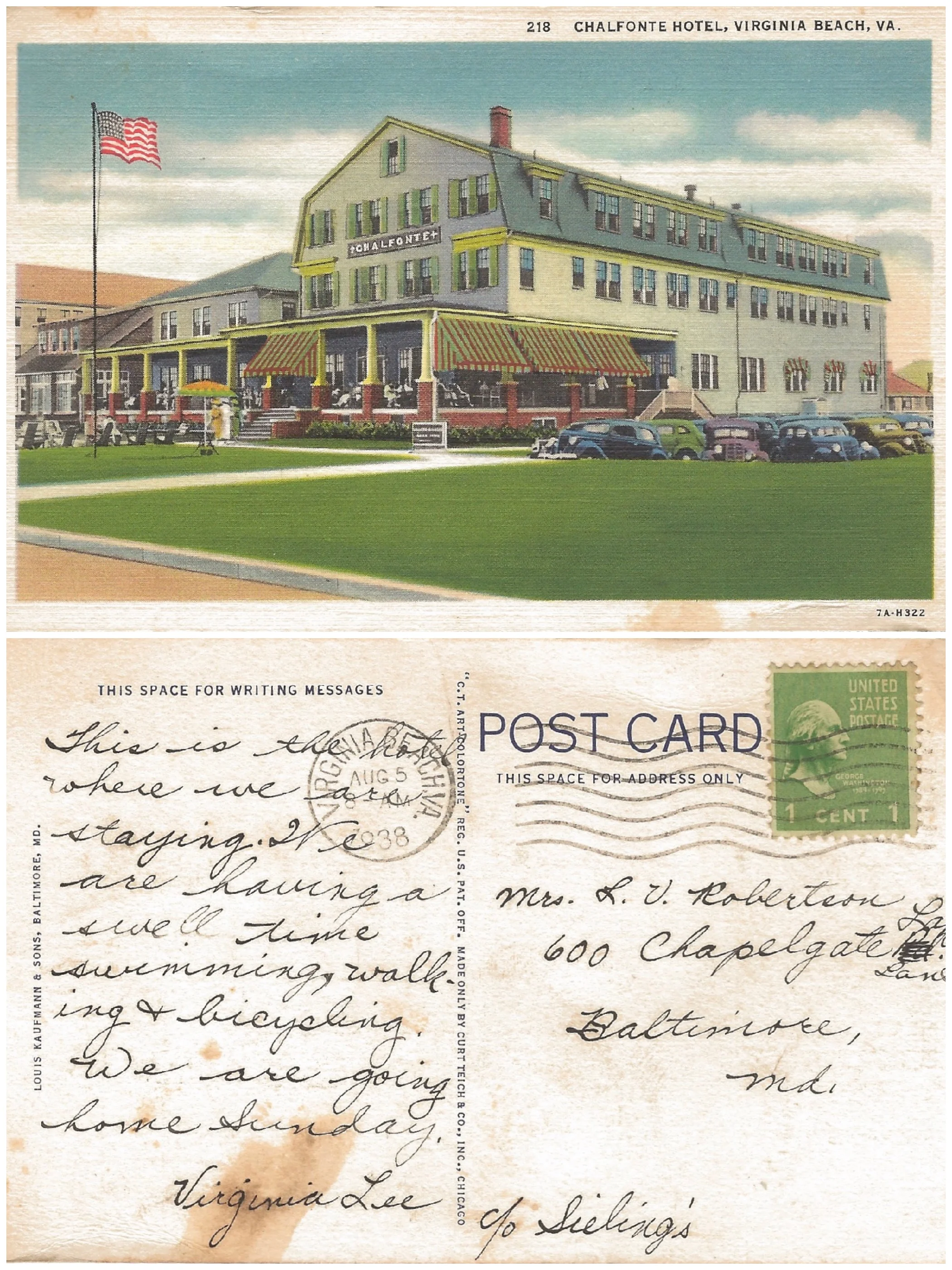 The Chalfonte Hotel (sometimes called the Trafton-Chalfonte) was located at 28th Street and the oceanfront. It was destroyed by fire in 1960. Wonder why Virginia Lee didn't stay at the next hotel, however, when she visited Virginia Beach in 1938?