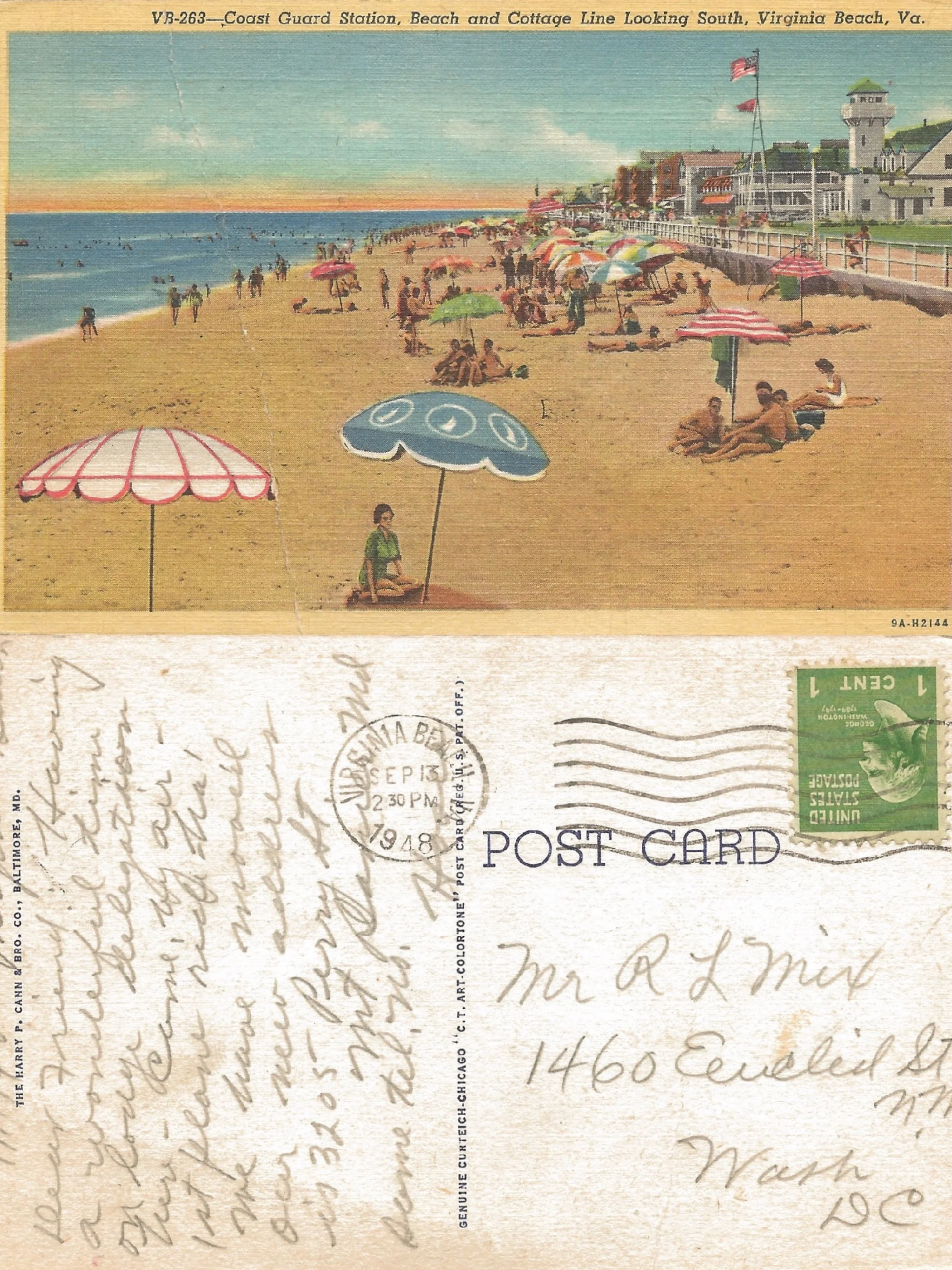 One of the few recognizable sights in Virginia Beach today: The Old Coast Guard Station at 24th Street. Not recognizable: the 1-cent stamp featuring a bust of George Washington.