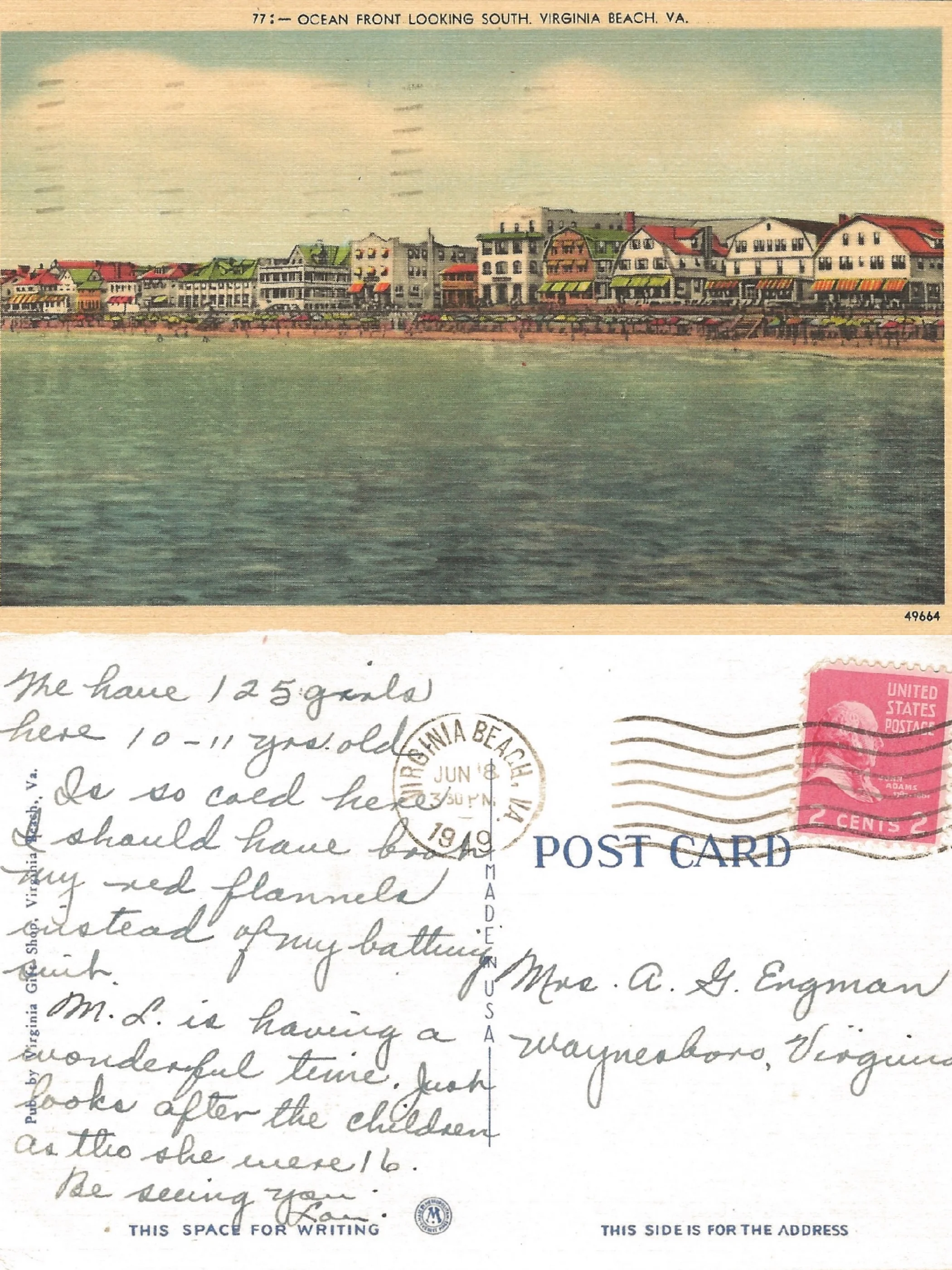 Seems by 1949 the price of a postcard stamp had soared to 2 cents. It was also a time when there were awnings on the hotels to keep out the sun and you could address a postcard simply to Mrs. A. G. Engman, Waynesboro, VA. and it would get there. Or maybe not, since I found this one in an antique store.