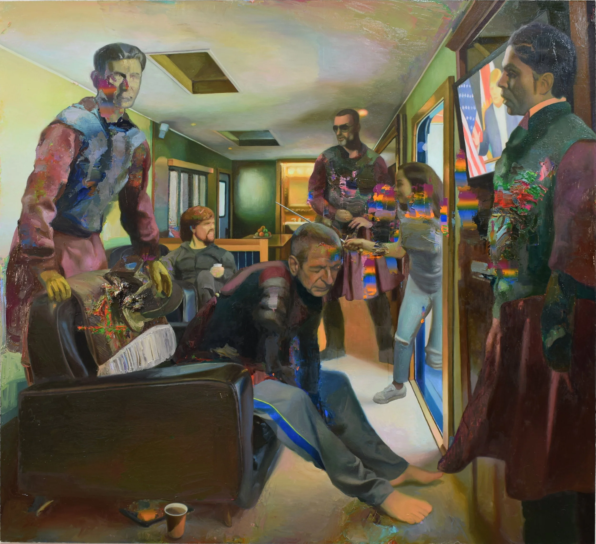 Prince, Bowie and George Michael Waiting in Leonard Cohen's Trailer for Their Extra Cameos, 2019. Oil on linen, 60 x 66 in.