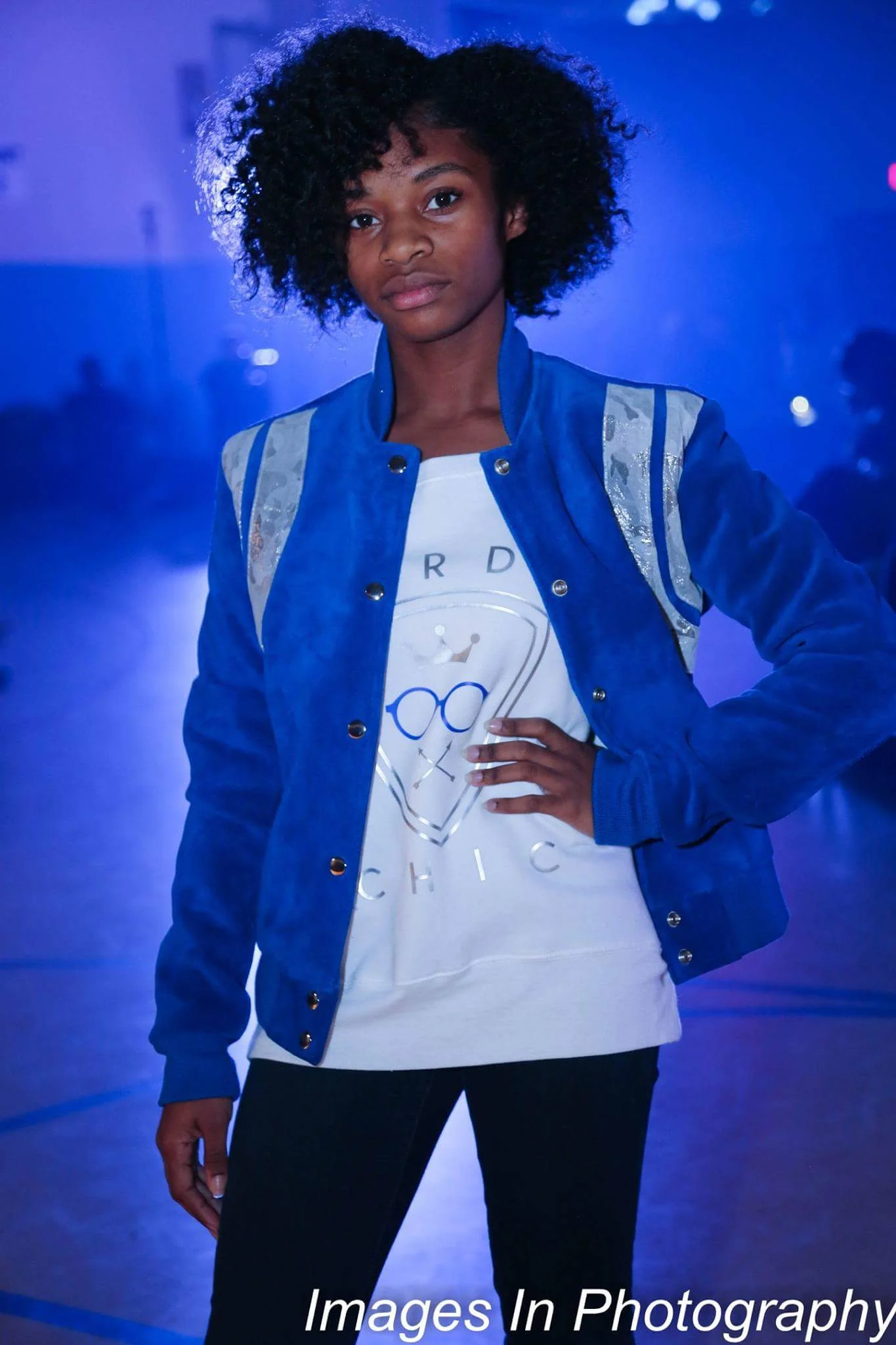 Nerdy Chic blue suede w/ silver camo bomber and Wide Neck Sweatshirt 