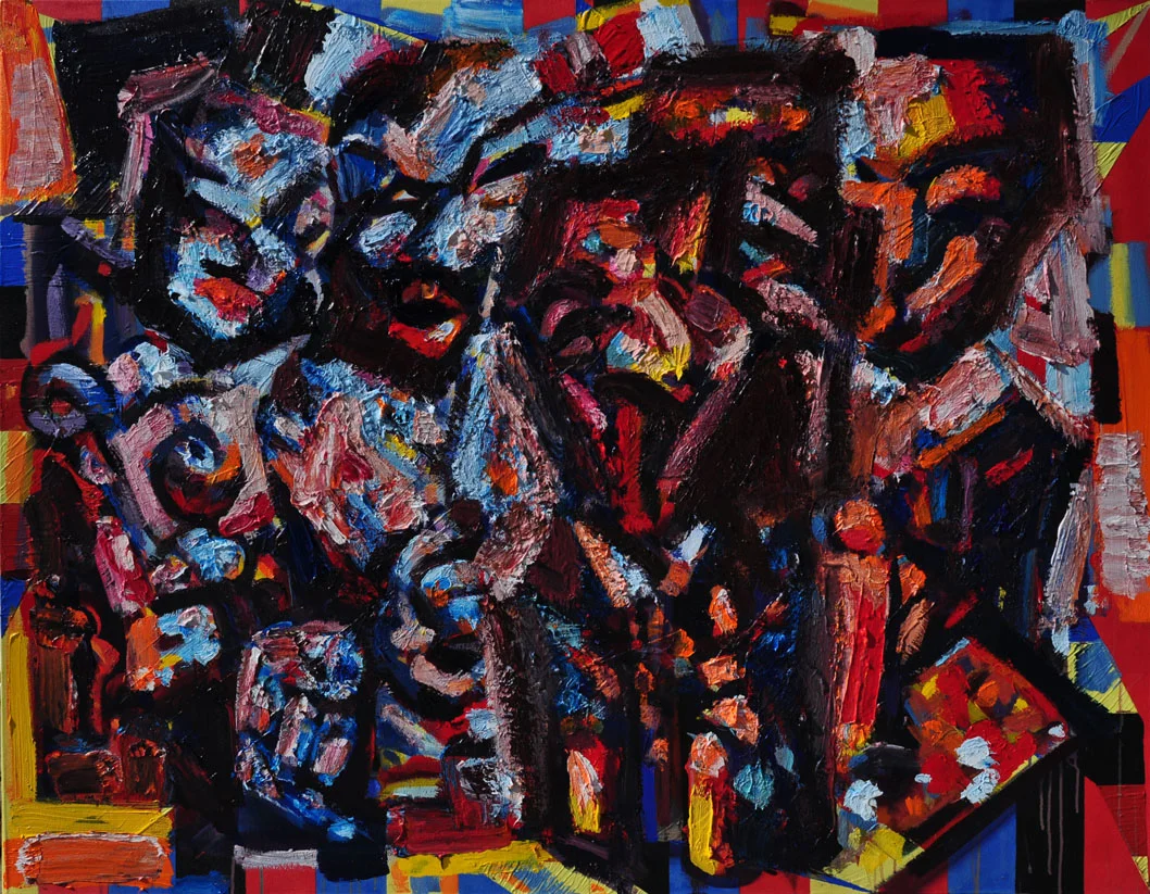 Figures in Front of an Abstract Painting, 2014 -15. Polymer emulsion on canvas,50 inch x 65 inch