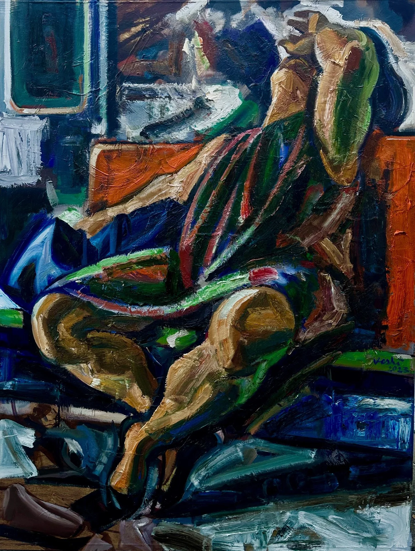 Subway Riders (fifth version), 2023. Oil on canvas, 66 x 50 in