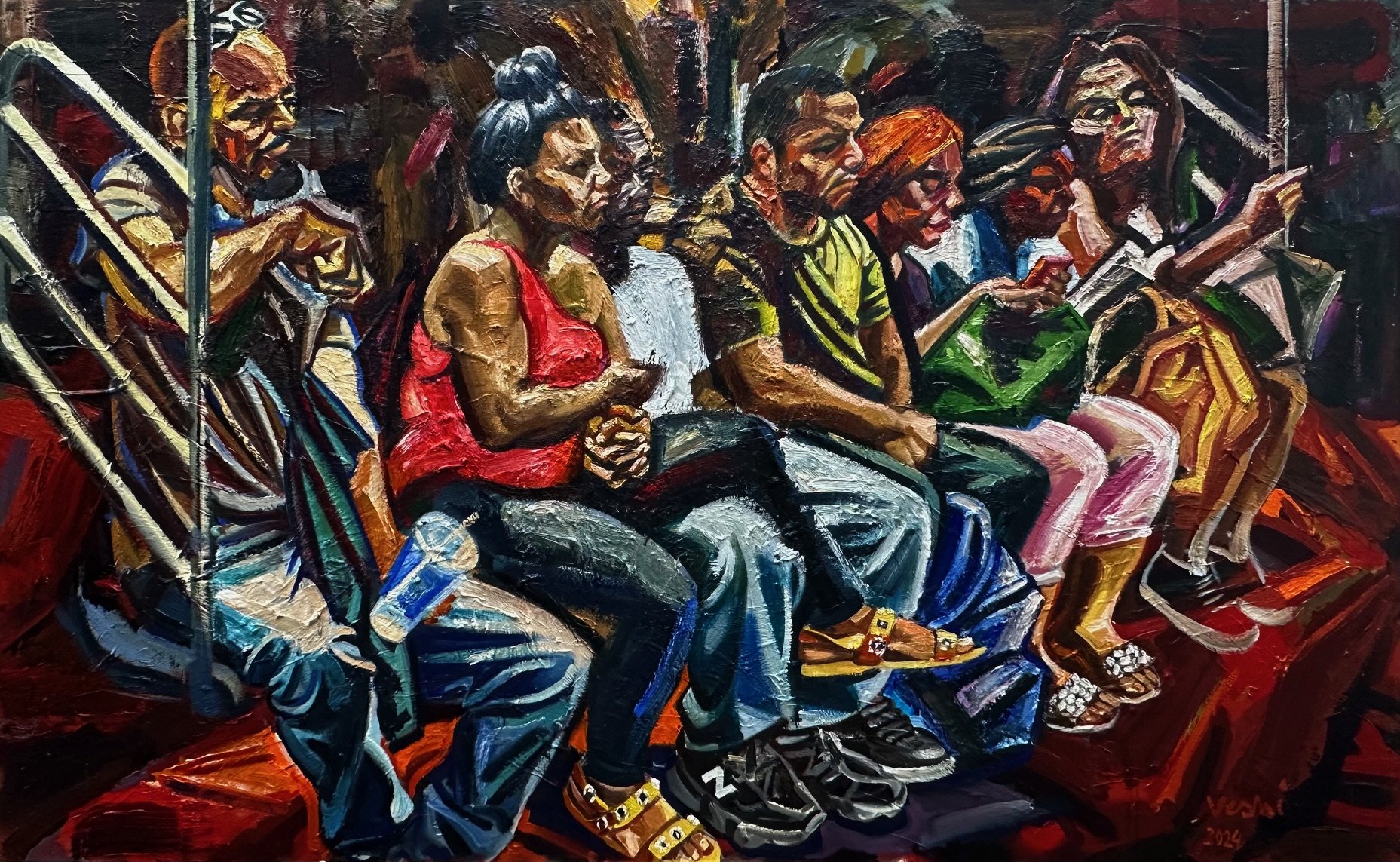 Subway Riders (eleventh version), 2024. Oil on canvas, 48 x 78 in