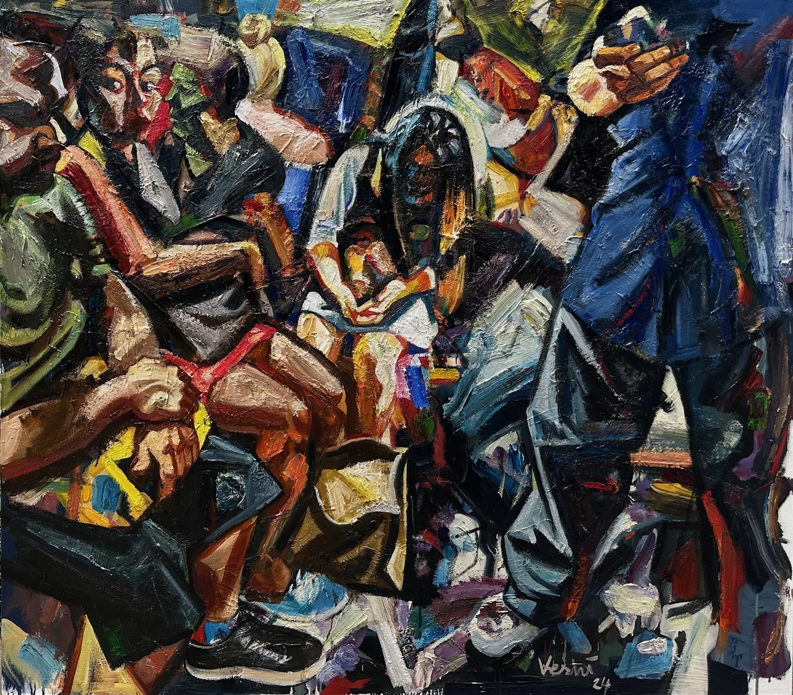 Subway Riders (twelve version), 2024. Oil on canvas, 58 x 66 in