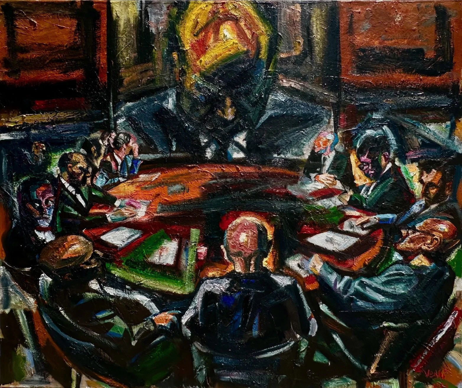 Around the Table (third version), 2024. Oil on canvas, 66 x 78 in