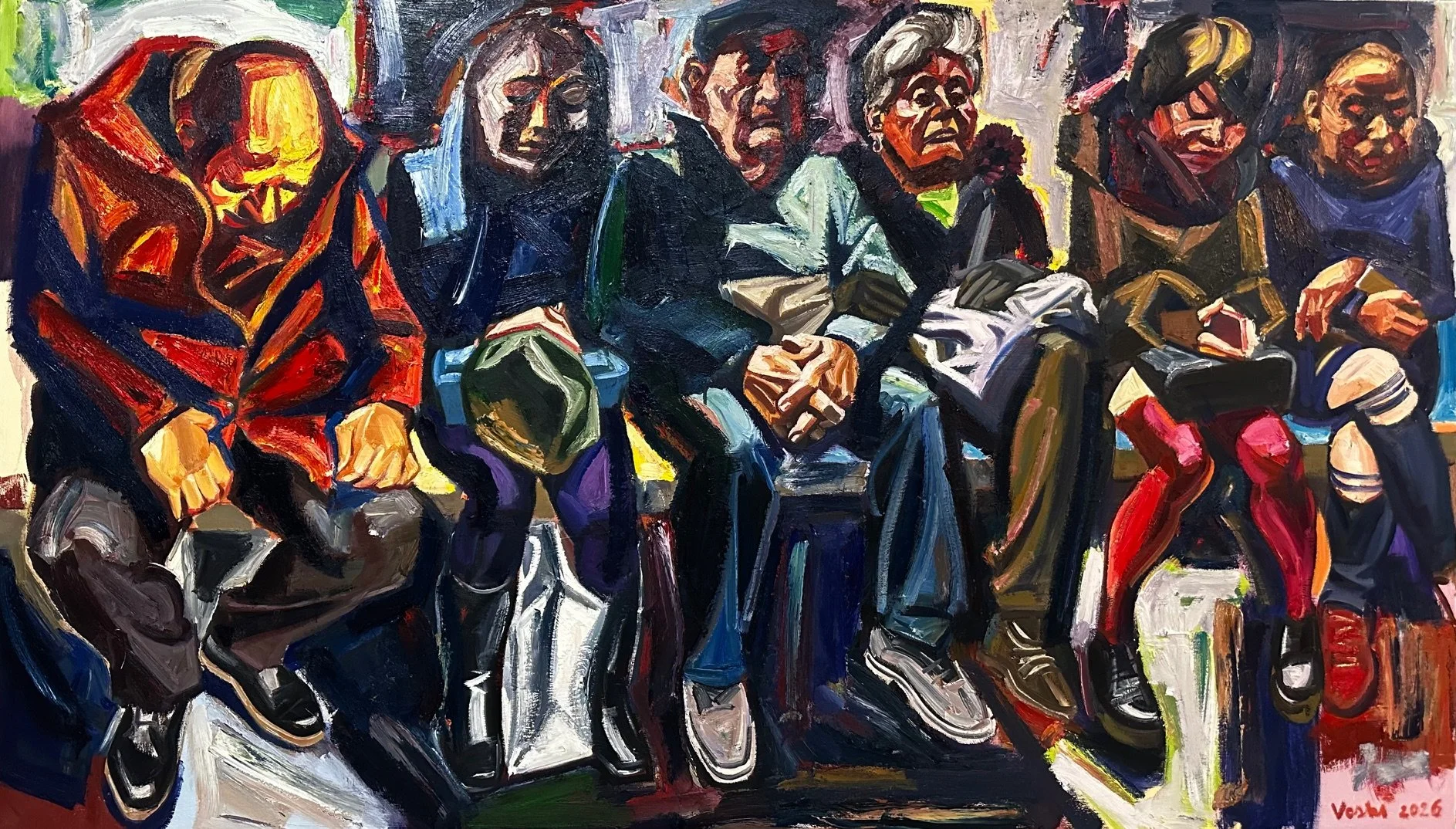 Subway Riders (twenty first version), 2026. Oil on canvas, 48 x 84 in