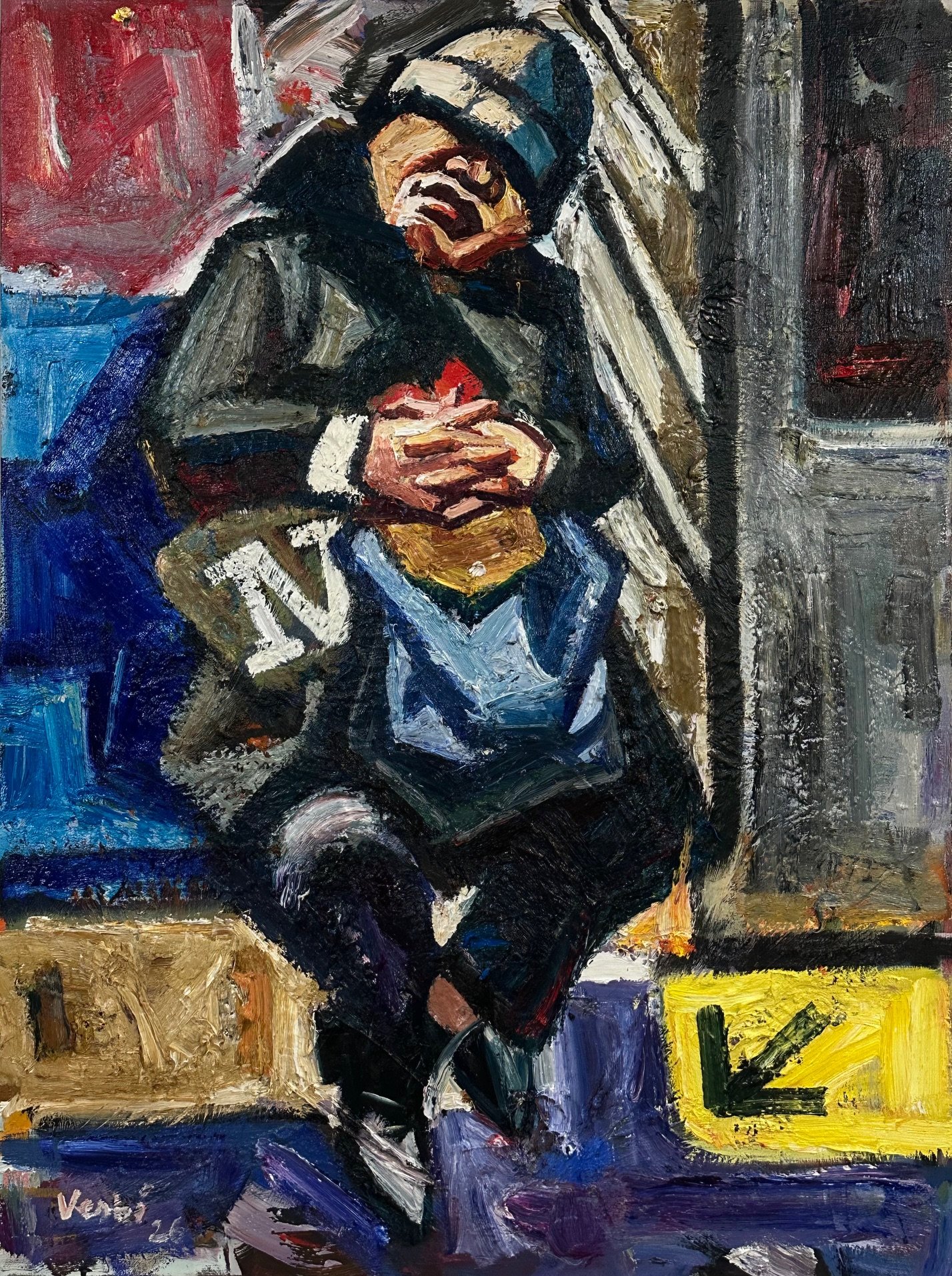 Subway Riders (twenty second version), 2026. Oil on canvas, 48 x 36 in