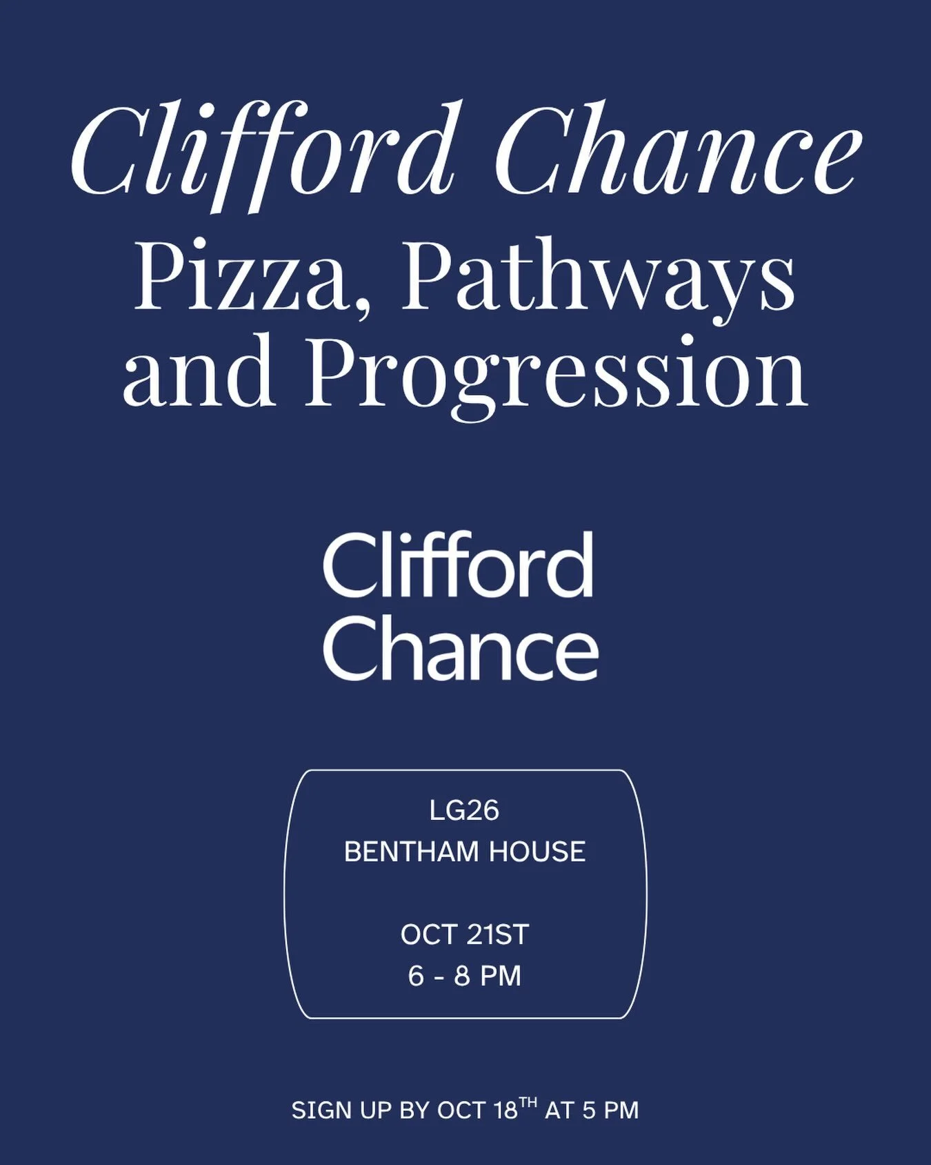 Come along for pizza and an informal session with Clifford Chance on the different pathways into the firm and how careers progress once you are there. 

Hear from a range of the firm&rsquo;s lawyers, including associates and trainees, on their own jo