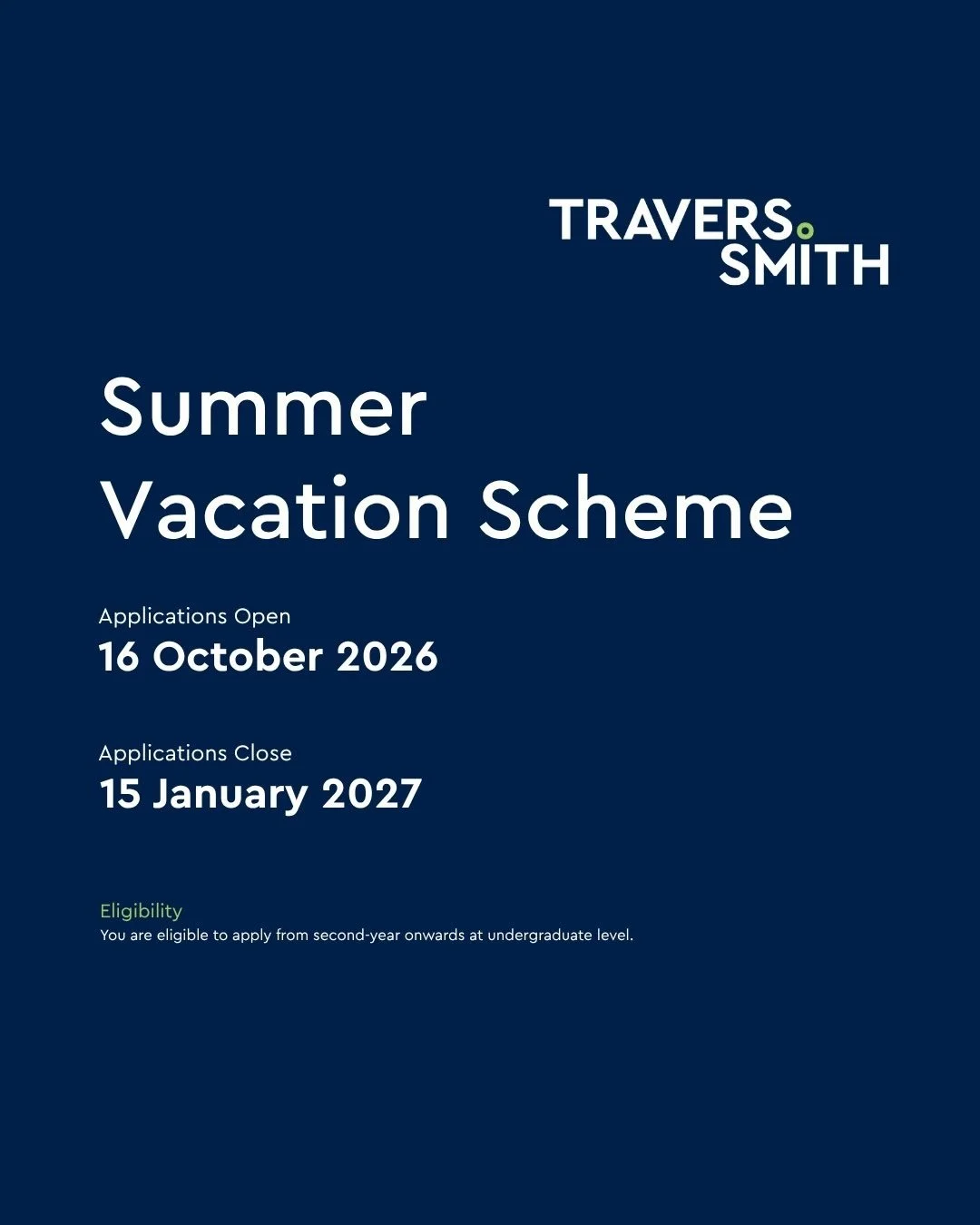 Training Contract and Summer Vacation Scheme applications are now open at Travers Smith!

Don&rsquo;t miss these key deadlines. Apply through the link in our bio under Application Tracker!