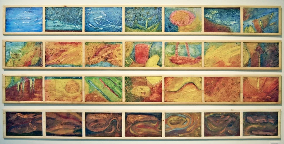 Collagraph and Copper Etching Plates 9” x 13”  inlaid in wooden panels 4 @ 95" x 9"