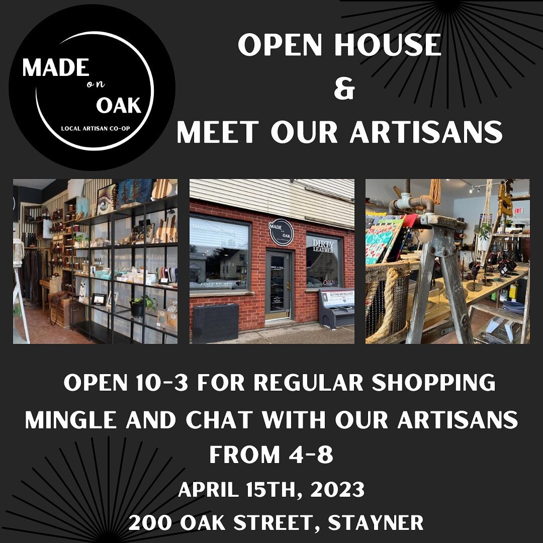 Join us for our first official open house! April 15th we will be open for regular shopping from 10-3 and then again from 4-8 for a special meet the makers evening! Come hangout with us and our awesome artisan friends! 🥳