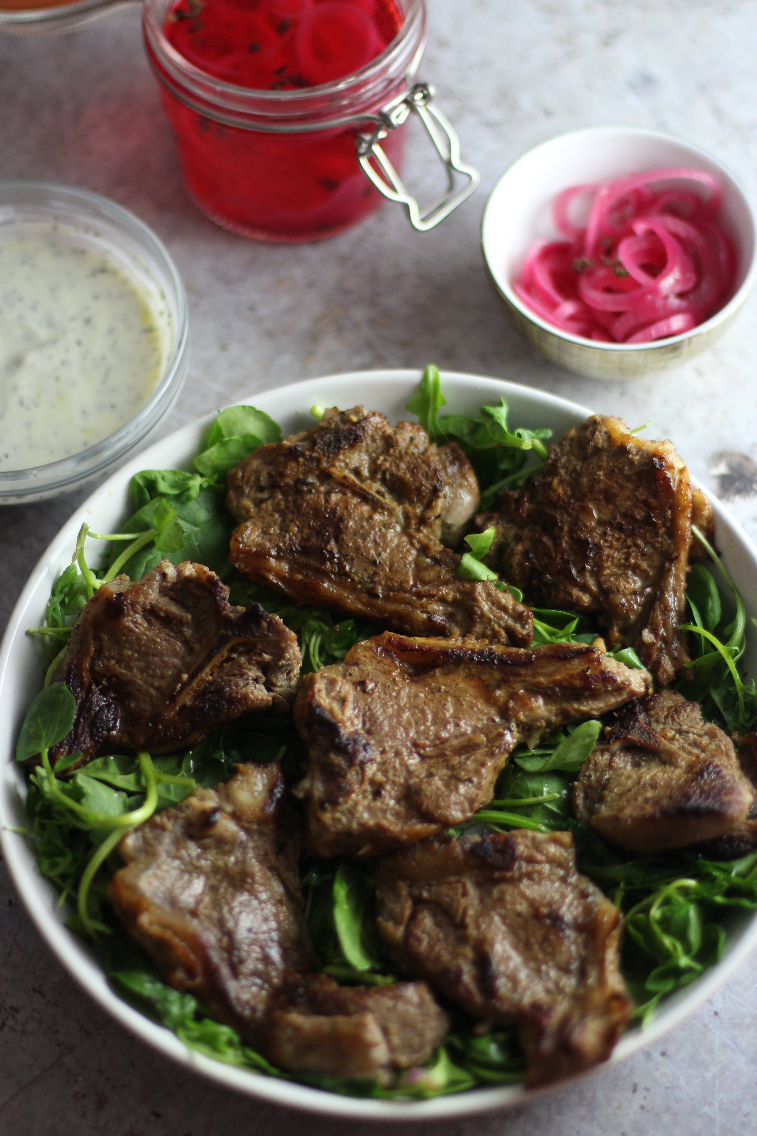 Reyash dani (Lamb chops) with a mint yogurt dip