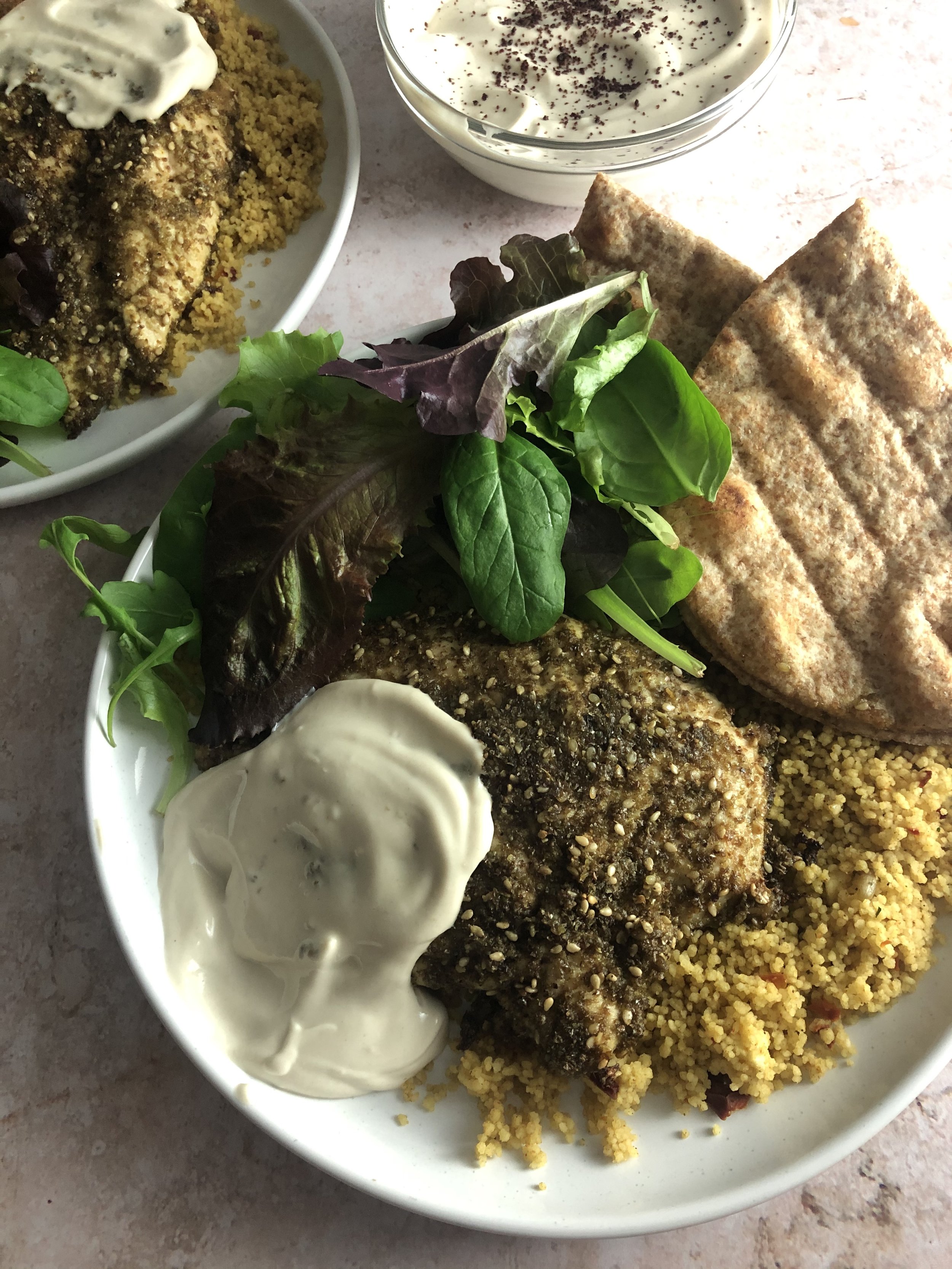 Za'atar chicken with tahina dip