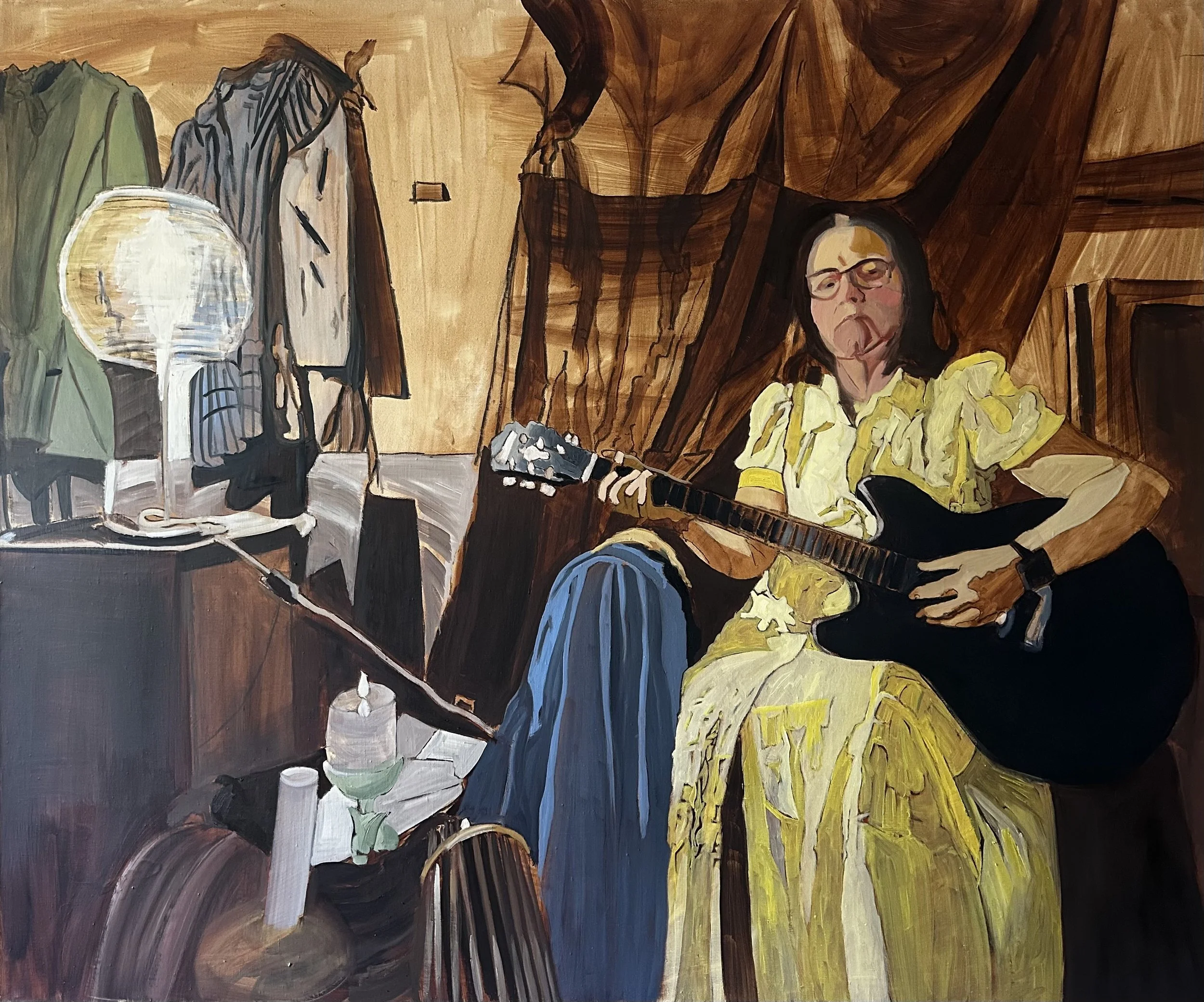  Loades-Carter. Self Portrait With Guitar.  Artemesia Gentileschi Series  2026. Oil on linen  100 × 120 cm | 39 X 47 ins 