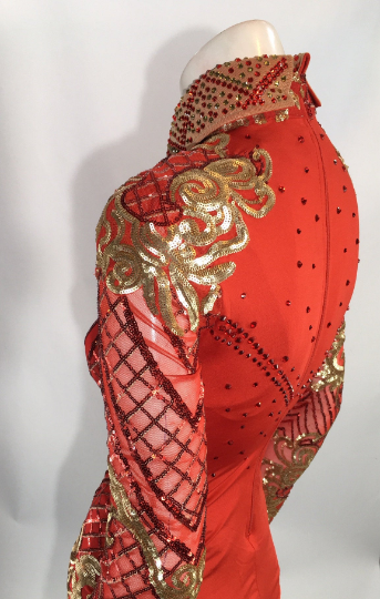 red and gold dress shirt Prestige Red Orange / Gold Crystal Studded / Satin Medusa Design Shirt PR-494 Large