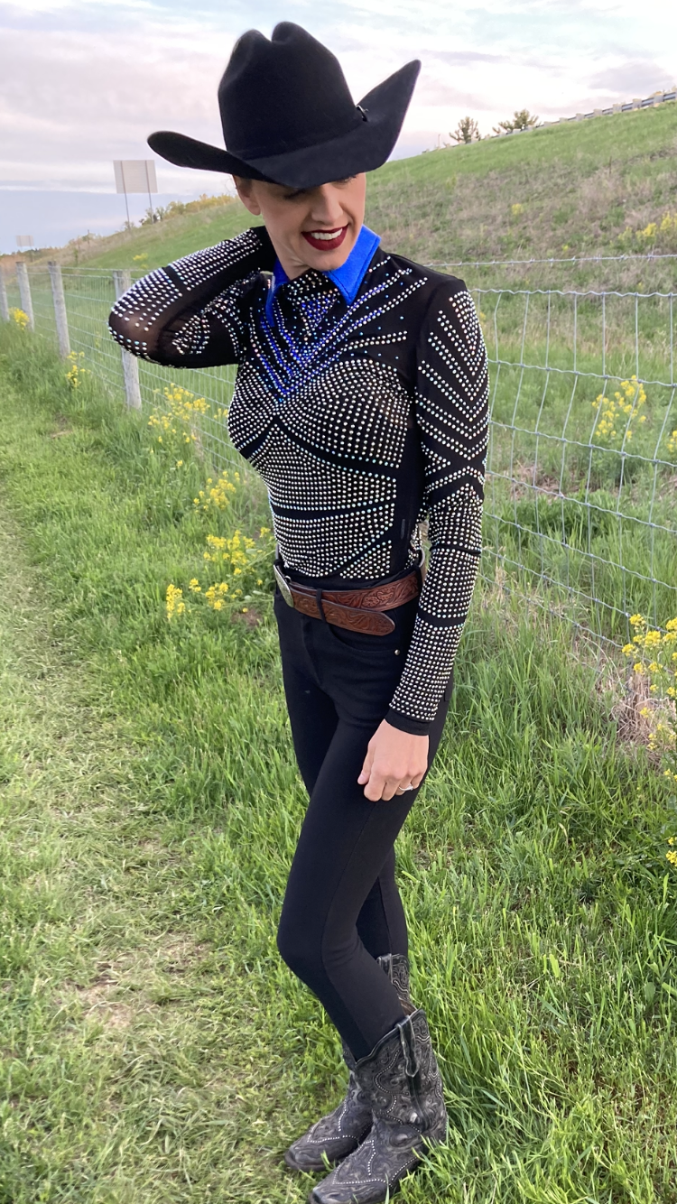🔥Black Bodysuit with Blue Collar 💎 Sparkle Ridge💎