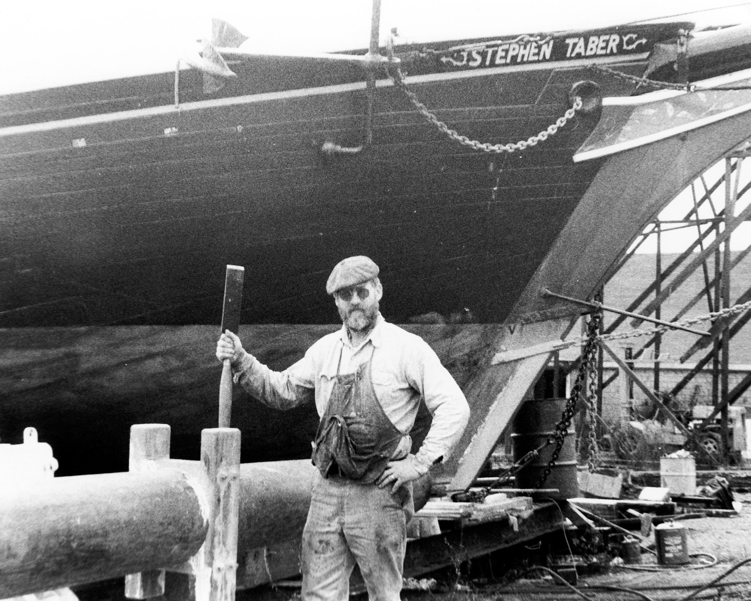Captain Ken Barnes refitting the schooner, 1981