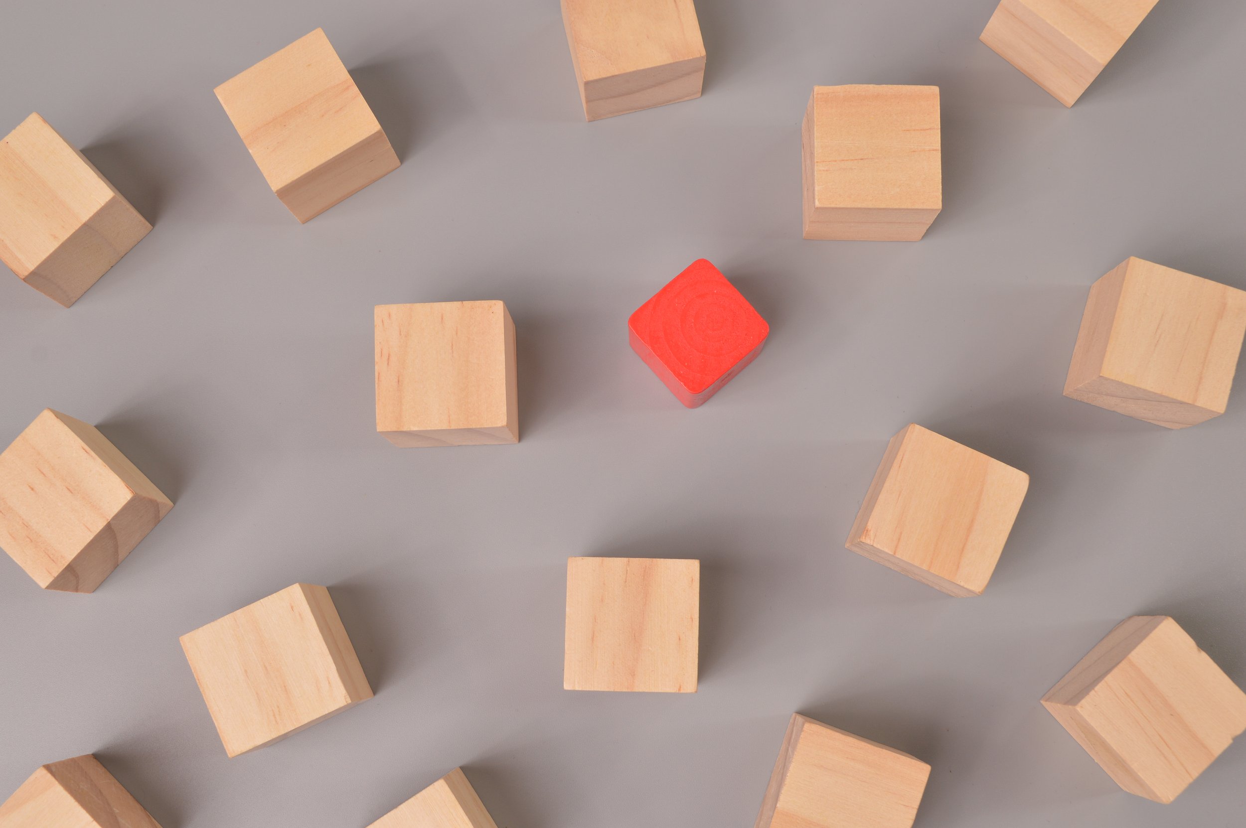 Red wooden block standing out from the group wooden blocks. Leadership idea concept.