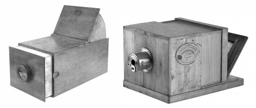 Left, Camera Obscura, c.1800. Right, Daguerreotype Camera, 1839.