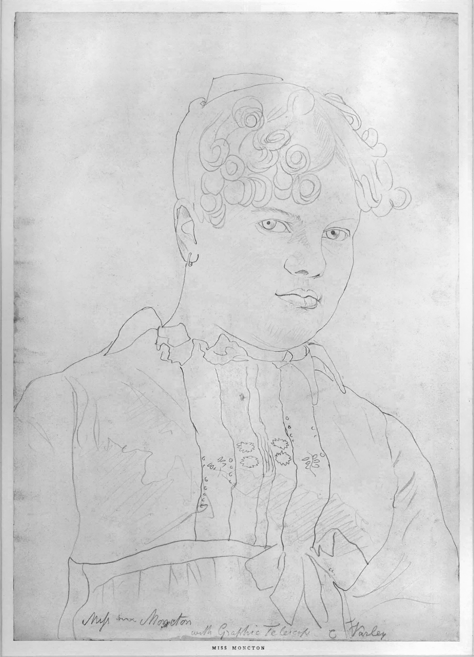  Cornelius Varley, Portrait of Mrs. Moncton (date unknown). Not a particularly refined portrait, but an exemplar of traced line look of optically traced drawings.   