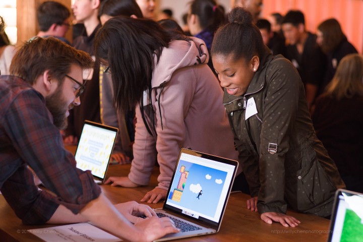 Mission Bit student showcasing her game at Spring 2018 Demo Day