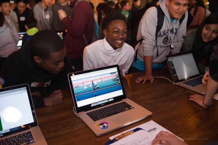 Mission Bit students Eric and Joshua presenting their award winning game during Spring 2018 Demo Day