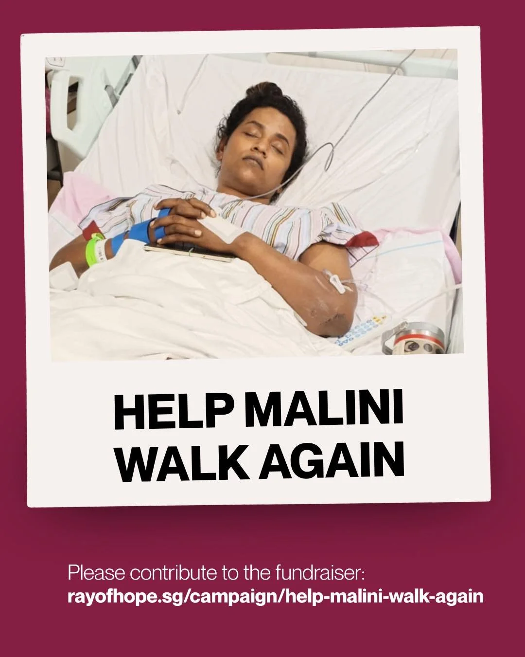 Malini, a Work Permit holder working as a janitor in Singapore, lost her left leg after a tragic accident recently. 

Malini has gone through several rounds of surgery. She now faces months of rehabilitation &mdash; with no income and a family depend