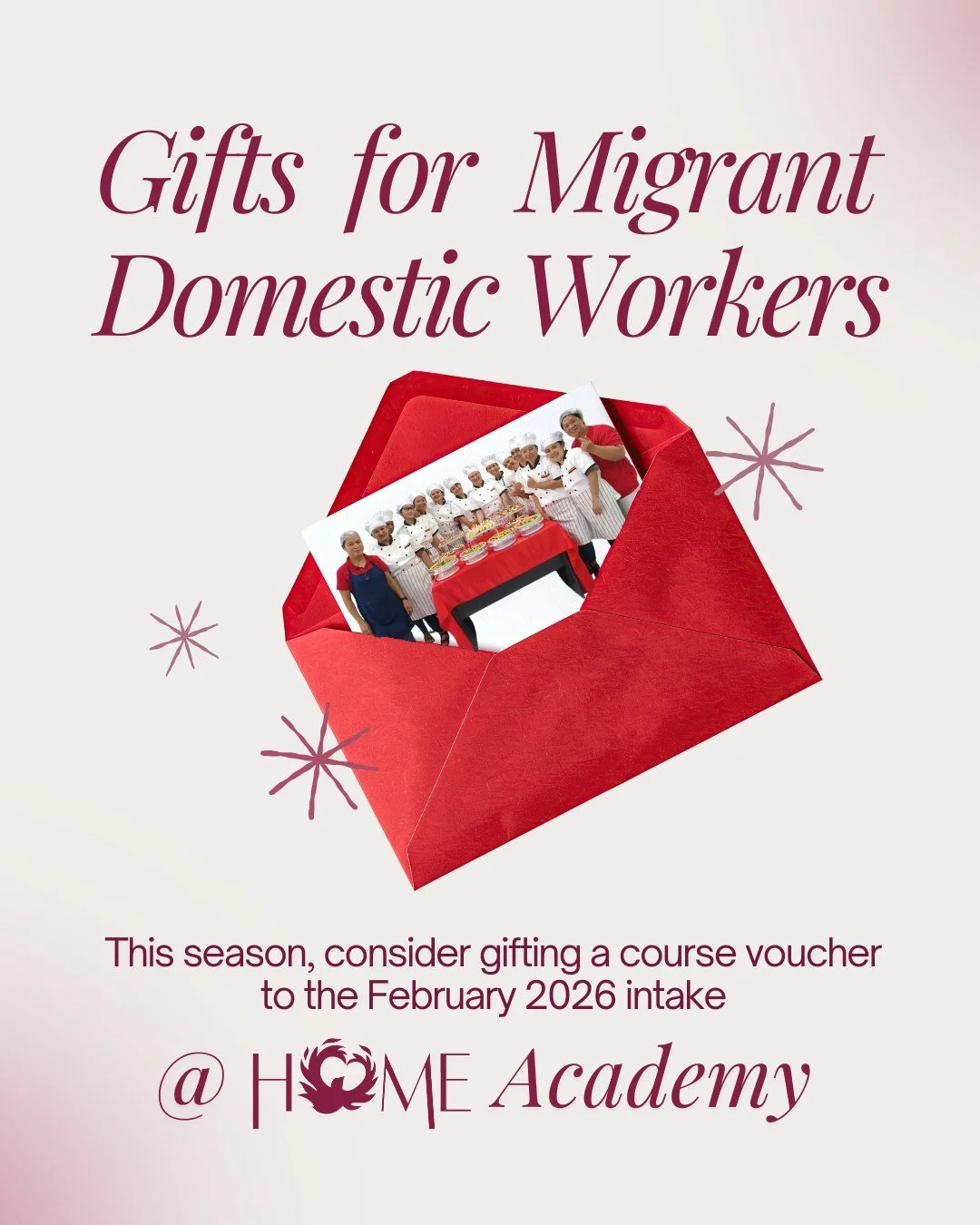Gifts for Migrant Domestic Workers at HOME Academy 🎁

This gifting season, consider giving a course voucher to the migrant domestic worker who supports your home. A meaningful present that builds skills, confidence &mdash; and strengthens your home 