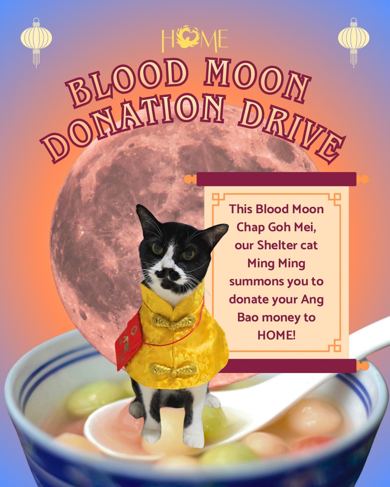 Under tonight&rsquo;s red-tinted rainy sky, our shelter cat Ming Ming is summoning your help. 🌕🐈&zwj;⬛

Redirect a small, mighty portion of your ang bao to power our shelter, provide warm meals, and care for migrant workers who need it most.

If th