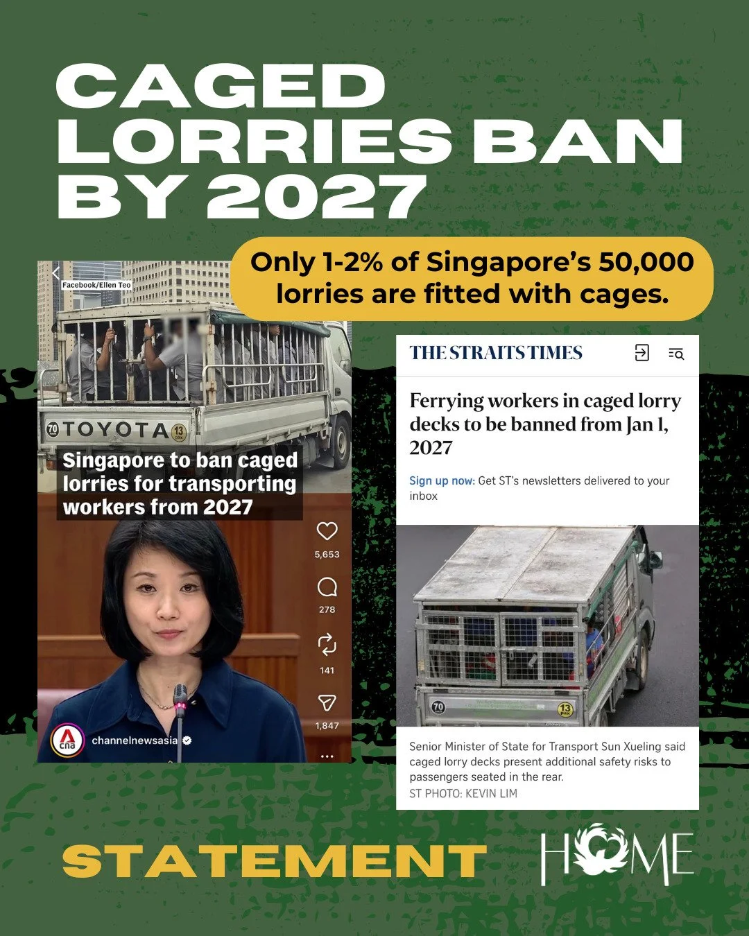 On 4th March 2026, Senior Minister of State for Transport, Sun Xueling, announced that caged lorries will be banned by 1 Jan 2027. This measure is not enough in protecting our workers.

Only 1-2% of the lorries in Singapore are fitted with cages and 