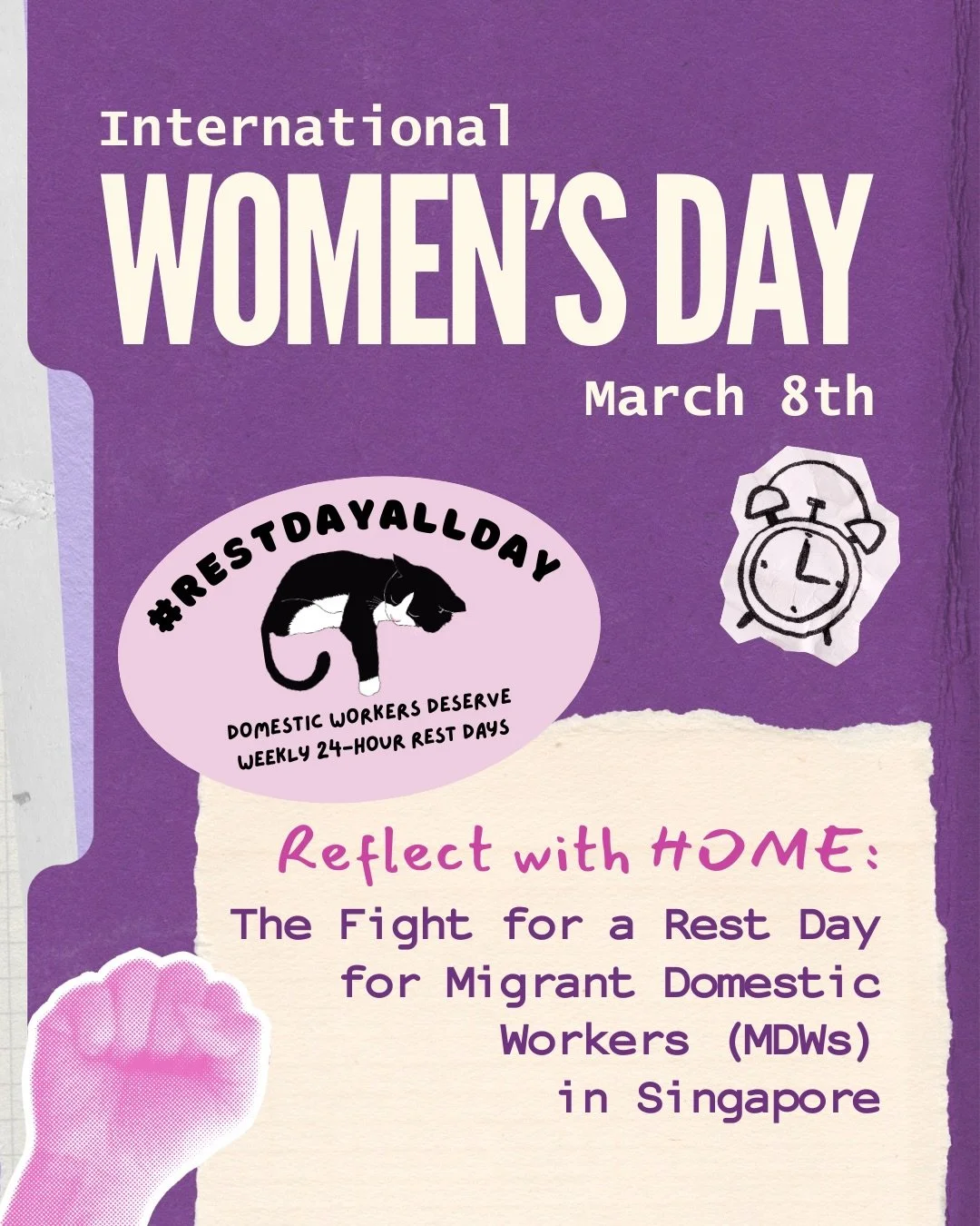 This International Women&rsquo;s Day, we honour the strength and resilience of the migrant domestic workers (MDWs) who care for Singapore&rsquo;s homes and families.

In 2008, HOME, @twc2sg and UNIFEM launched the Day Off Campaign, calling for someth