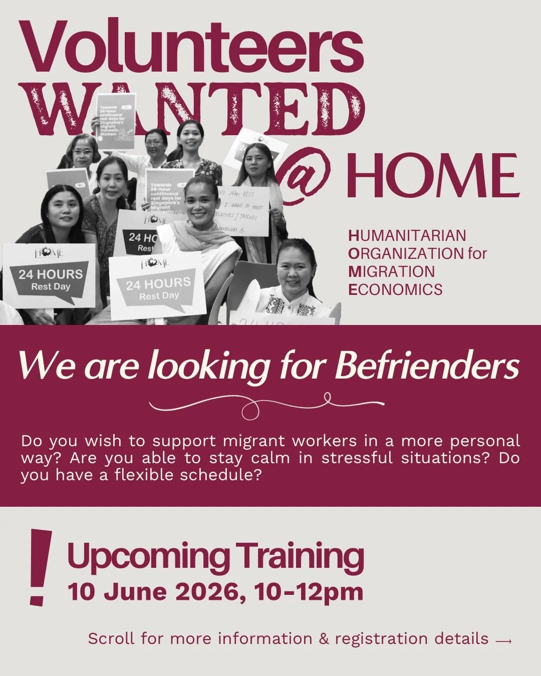 🗣️ VOLUNTEER OPEN CALL 📢

Volunteers are at the heart of HOME&rsquo;s work ❤️&zwj;🔥 Are you looking to take a more active role in supporting, empowering, and upholding the rights of migrant workers in Singapore?

We are currently looking for more 