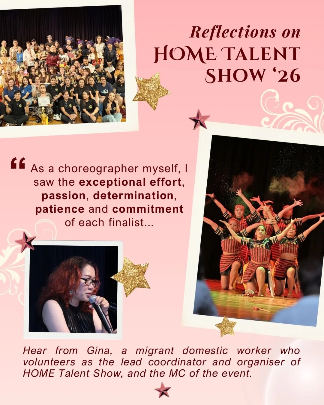 HOME Talent Show (HTS) is an annual celebration organised by migrant workers from our HOME Family network, creating a platform for fellow migrant workers to share their talents and shine on stage. 🌟

This year&rsquo;s show, the fourth in the series,