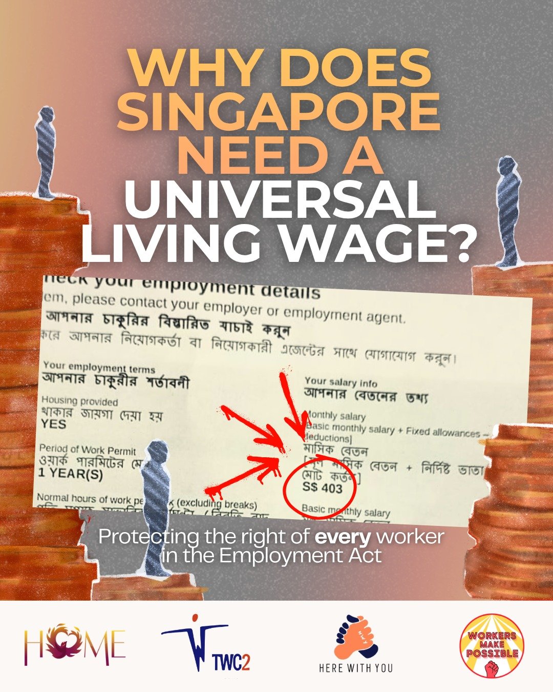 This marks the final post of our Employment Act (EA) ammendments series. In this post, we call for a Universal Living Wage for all workers in Singapore, as we touch on existing wage policies that exclude migrant workers.

The EA has been undergoing r