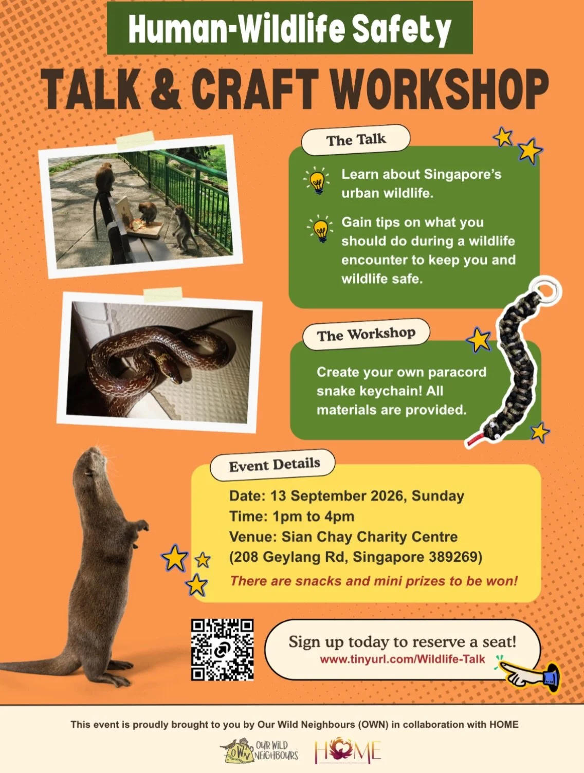 Open to all migrant workers and migrant domestic workers in Singapore. Join us for an afternoon talk about wildlife safety and craft session with @ourwildneighbours. Snacks and goodie bags provided. Sign up at www.tinyurl.com/Wildlife-Talk or link in