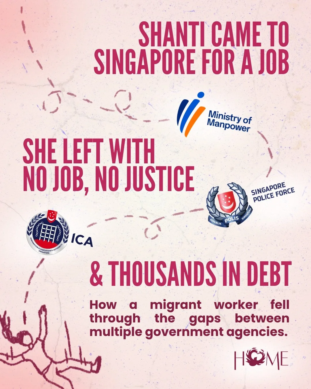 Shanti paid almost $8,000 in recruitment fees and arrived in Singapore with a legitimate In-Principle Approval from the Ministry of Manpower. But there was no real job waiting for her.

Desperate and in debt, she turned to HOME. Together, we sought h