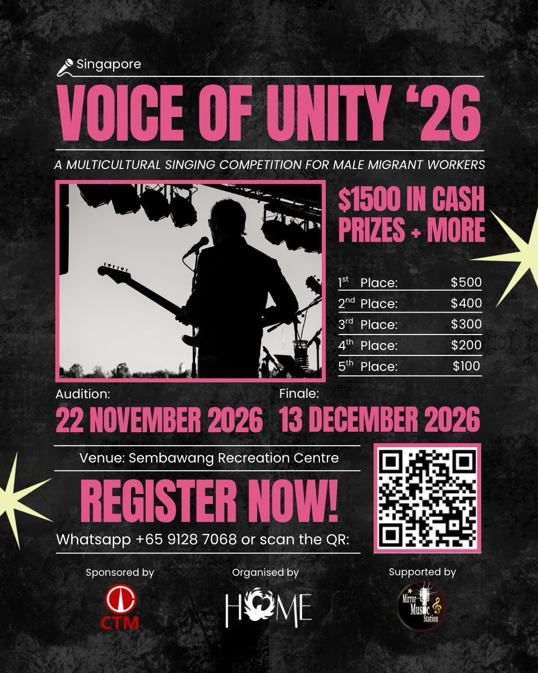 Calling male migrant workers of all nationalities! Join HOME&rsquo;s singing competition. Choose to sing in any language of your choice. Solo or in a group. Cash prizes to be won!

WhatsApp +65 9128 7068 to register. 

Thank you Mirror Music Station 