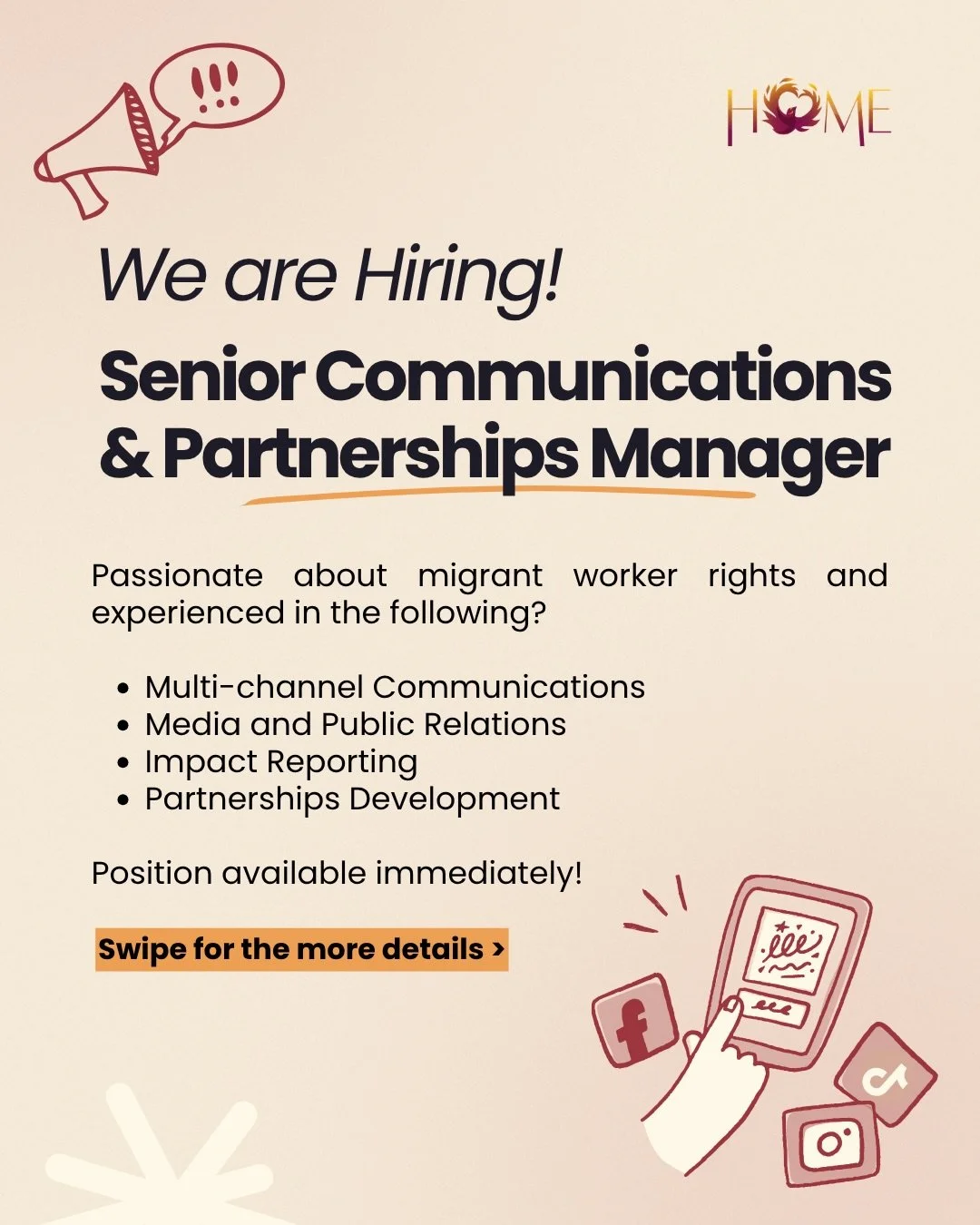 We&rsquo;re hiring a Senior Communications and Partnerships Manager!

We&rsquo;re looking for an experienced communications professional who is passionate about migrant worker rights, can communicate our work to diverse audiences and build meaningful