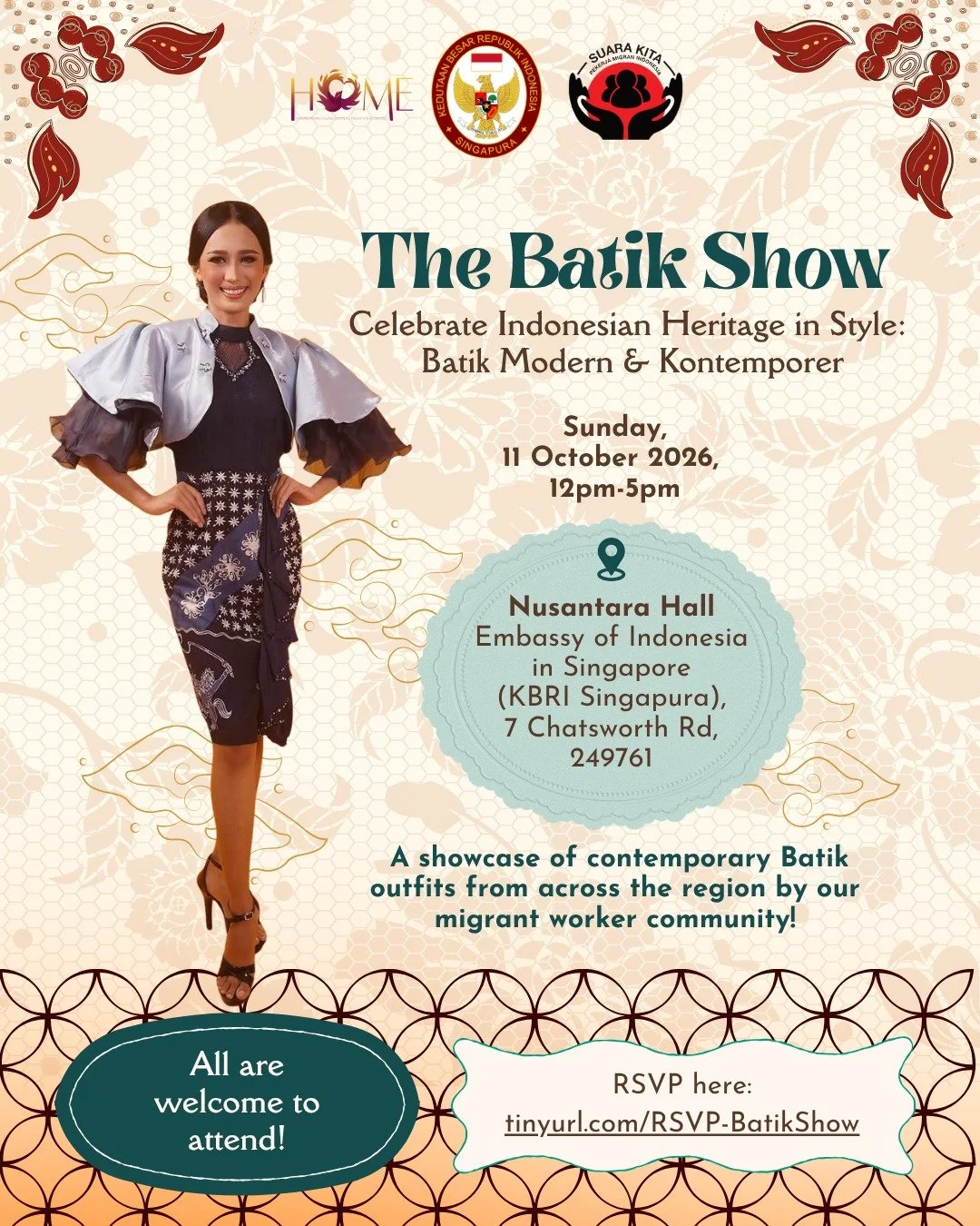 The Batik Show is back! 🫶 This Sunday, 11 October, join us for HOME&rsquo;s annual Batik Show, organised by Suara Kita (@suarakita_pmi.sg) , HOME&rsquo;s Indonesian migrant domestic worker community group.

This year, 60 participants will take to th